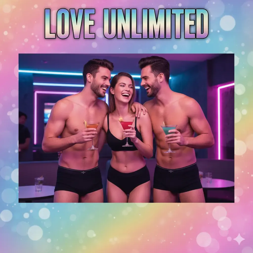 Love Unlimited Party. 2 Männer und eine Frau fröhlich am Getränke trinken